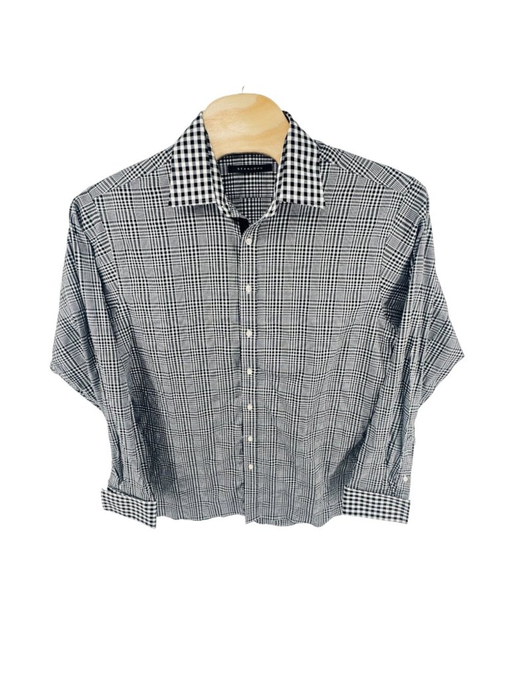 Sean John Men's 17.5 38/39 Tall French Cuff Dress Shirt Glen Plaid Black White